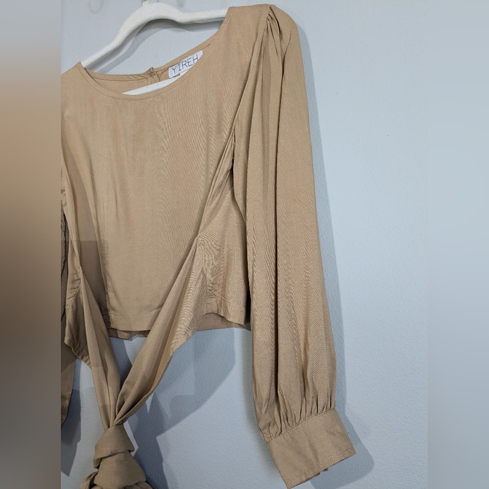 YIREH Embroidered Waist Tie Wrap Top Button Back Crop Popover Blouse S - Picture 5 of 10